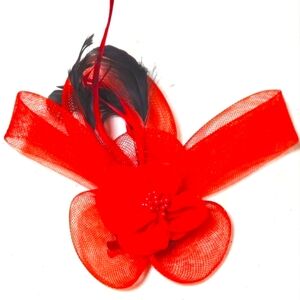 ``RH25918 Red with Black Feather Fascinator or Corsage
